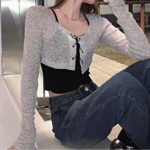 Gray and Black Lace-Up Crop Top